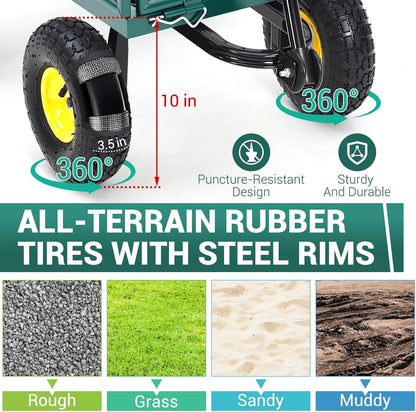 Heavy Duty Steel Garden Cart, 880LBS Pullable Metal Garden Wagon with 10" Wheels, 180° Rotating Handle and Removable Sides for Outdoor, Farm, Yard, Beach ﻿