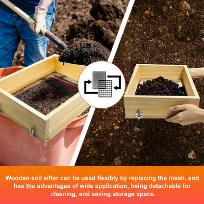 Soil Sifter 13.8"x10.2" for Garden: Wooden Dirt Sifter Replaceable Iron Mesh(0.25" & 0.47"), Multipurpose Handheld Compost Rock Sifter for Flowers, Fruit, Vegetable Plant Pots Gardening Tools