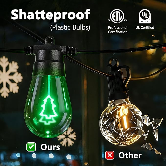 LED Christmas Lights, 50FT Patio Lights with 16Pcs Shatterproof S14 Bulb(1 Spare), 4 Lighting Mode, Connectable, Waterproof Green Edison Plastic Bulb Hanging Light for Yard Porch Christmas Décor