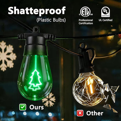LED Christmas Lights, 50FT Patio Lights with 16Pcs Shatterproof S14 Bulb(1 Spare), 4 Lighting Mode, Connectable, Waterproof Green Edison Plastic Bulb Hanging Light for Yard Porch Christmas Décor