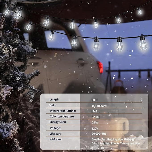 LED Christmas Lights, 50FT Patio Lights with 16Pcs Shatterproof S14 Bulb(1 Spare), 4 Lighting Mode, Connectable, Waterproof White Edison Plastic Bulb Hanging Light for Yard Gazebo Porch Décor
