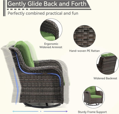 5 Pieces Outdoor Patio Furniture Set - Conversation Set Includes Wicker Swivel Rocker Chairs Set of 2, 2 Ottoman, 3 Seat Sofa, Suitable for Porch, Yard, Mixed Brown Rattan, Green
