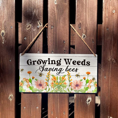 Garden Sign Gift Farmhouse Growing Weeds Saving Bees Wooden Hanging Sign Plaque Colourful Rustic Wall Art Decor for Home Garden Decoration 12 x 6 Inches