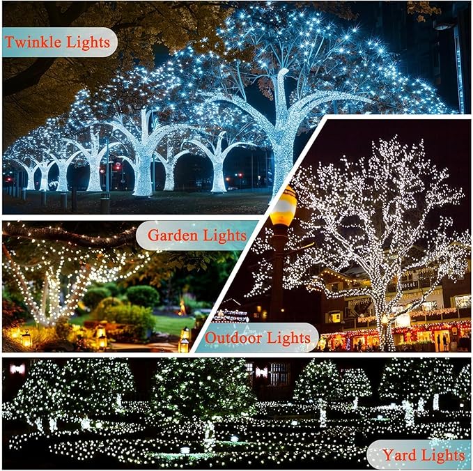 OZS 4 Pack 320LED Solar String Lights Outdoor, Waterproof 8 Modes Solar Tree Light, Green Wire Christmas Lights Outdoor for Garden, Party, Wedding, Christmas Decorations (Cool White)