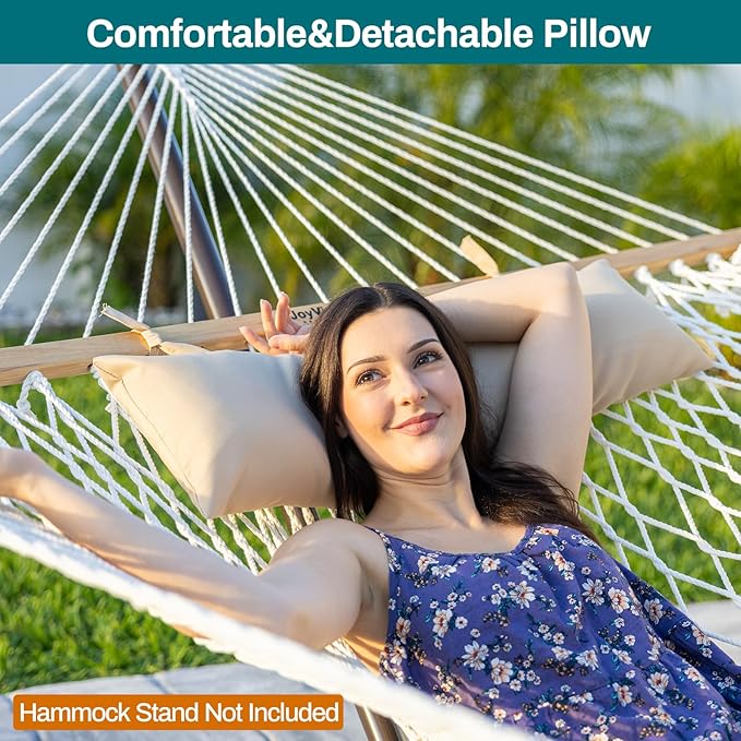 JoyView Traditional Rope Double Hammock - Hand Woven Cotton Hammock with Hardwood Spreader Bar and Pillow 450lb Capacity for Outdoor Indoor Patio Yard - Black