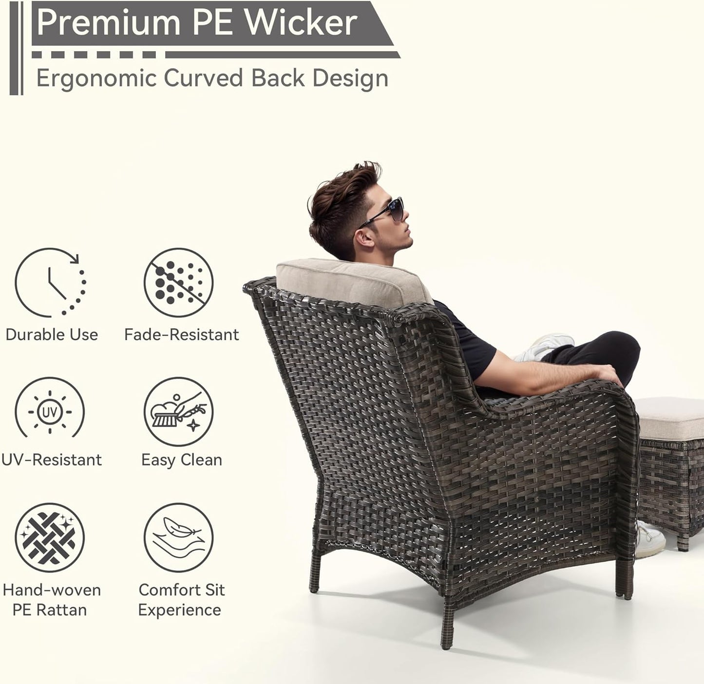 4 Pieces Patio Conversation Set, Wicker Chairs Set of 2 and Two Ottomans with 3.5-inch Seat Cushions, High Back and Curved Armrest for Backyard, Balcony and Deck, Beige