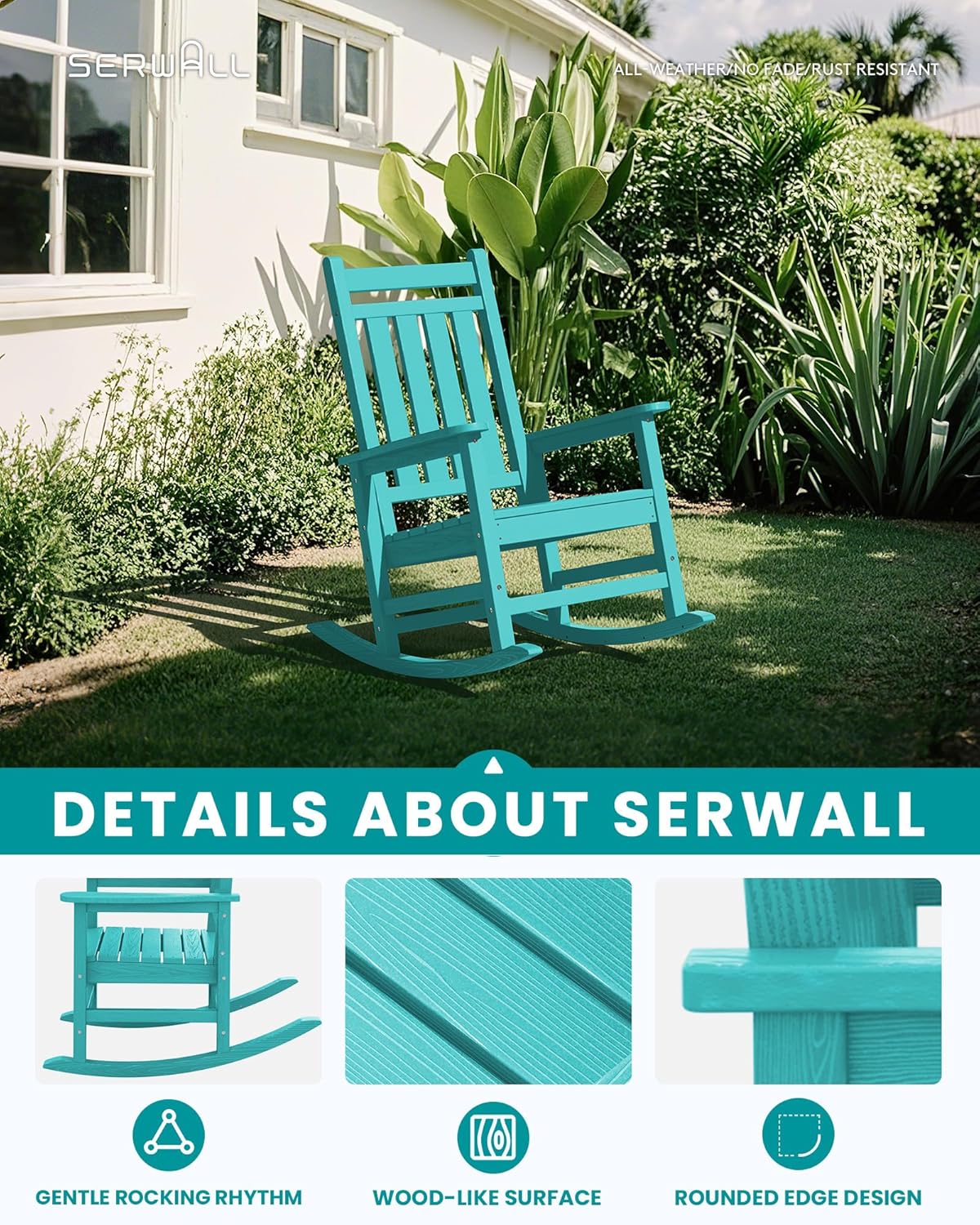 SERWALL Oversized Outdoor Rocking Chair Set of 4, HDPE Rocker for Adults, Patio Rocking Chairs for Porch, Aruba