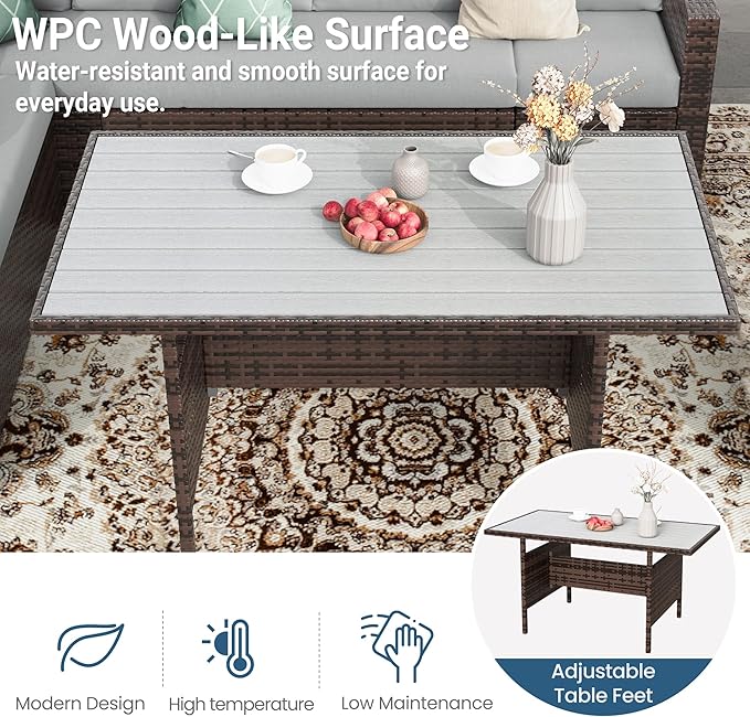 Wisteria Lane 7 Piece Patio Furniture Set, High Curved Back Wicker Outdoor Sectional with Dining Table, All Weather Wicker Outdoor Dining Set, Patio Conversation Set with Ottoman, Grey