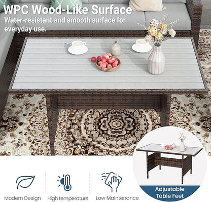 Wisteria Lane 7 Piece Patio Furniture Set, High Curved Back Wicker Outdoor Sectional with Dining Table, All Weather Wicker Outdoor Dining Set, Patio Conversation Set with Ottoman, Grey