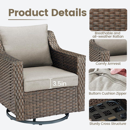 Outdoor Patio Wicker Swivel Chairs - Set of 2 Outside Resin Rattan Rocker Glider Gliding Chair Rocking Armchairs for Front Porch Balcony Backyard Yard Deck Poolside Apartment – Brown/Beige