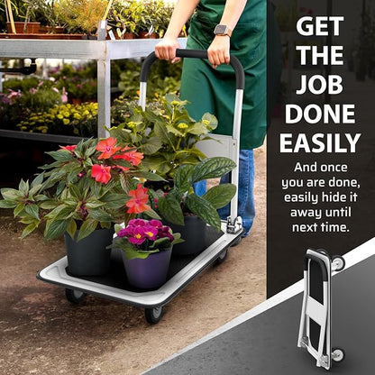 Heavy Duty Foldable Push Cart Dolly | 330 lbs. Capacity | Upgraded Collapsible Hand Truck Folding Platform with Swivel Wheels | Flat Bed Moving Wagon | Space Saving Push Handle (White)