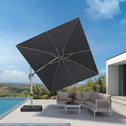 PURPLE LEAF 9' X 12' Left-right Tilting Patio Umbrella Outdoor Swivel Cantilever Umbrella Aluminum Offset Umbrella with Champagne Frame and 360-degree Rotation for Garden Deck Pool, Grey