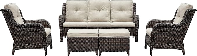 Rilyson Outdoor Furniture Set, 5-Piece Patio Rattan Wicker Sectional Sofa Set with 3-Seat Couch, 2 Armchairs, 2 Ottoman Footrests for Patio Conversation (5 PC,Brown/Beige)