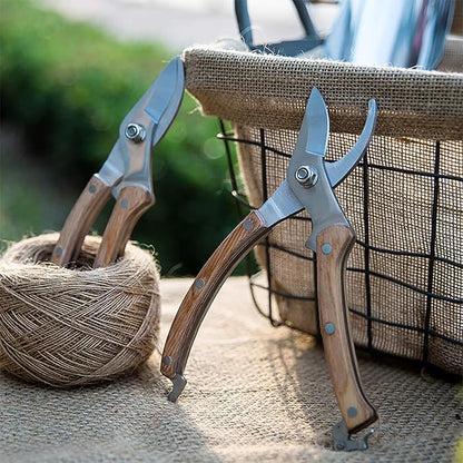 BUGUI 8” Wood Handle Garden Scissors, Set of 2, Includes Bypass Pruning Shears and Long Straight Tip Clippers, Premium Gardening Tools with Precision-Ground SK-5 Steel Blade