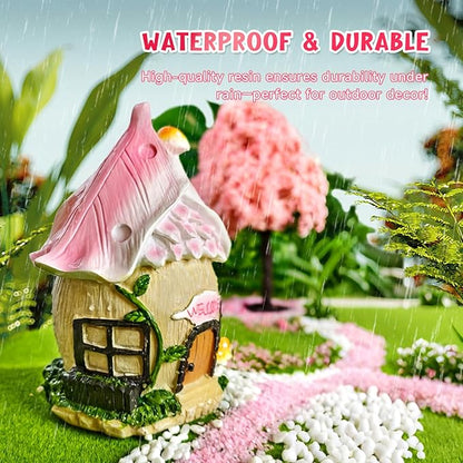DONABELA Fairy Garden Decor Kit Pink Resin Miniature House Figurines Set Swing Directional Sign Bird Drinking Pool Fence Little Mushroom Outdoor Tiny Accessories Supplies