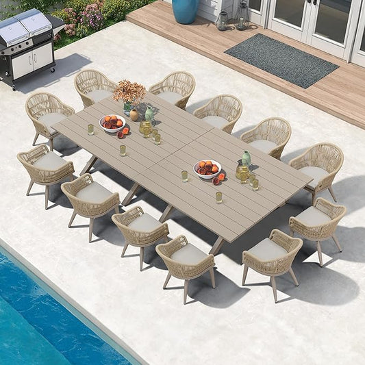 PURPLE LEAF 13 Pieces Oversized Patio Dining Set with Outdoor Aluminium Dining Table and Woven Chairs Modern Metal Furniture Cushions Sets for Garden Yard Indoor Decor Kitchen Champagne