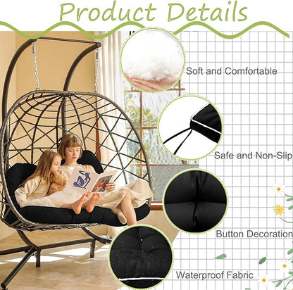 Swing Replacement Cushions with Backrest, 2 or 3 Seater Waterproof Non-Slip Overstuffed Swing Pad, Indoor/Outdoor Bench Cushion for Porch Chair Swings Garden Furniture (Black, 40 * 55 in)