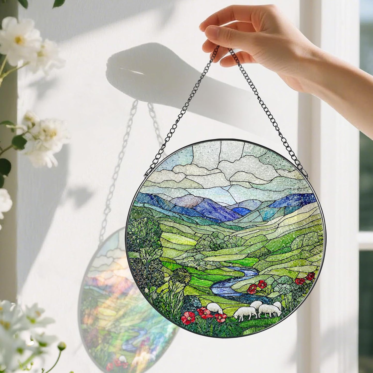 Stained Glass Window Hanging, Pauyadu 8 Inch Green Irish Hills Stained Glass Suncatcher, Window Decorations for Home, Christmas, Mother's Day, Birthday, Gifts for Women, Perfect for Nature Lovers