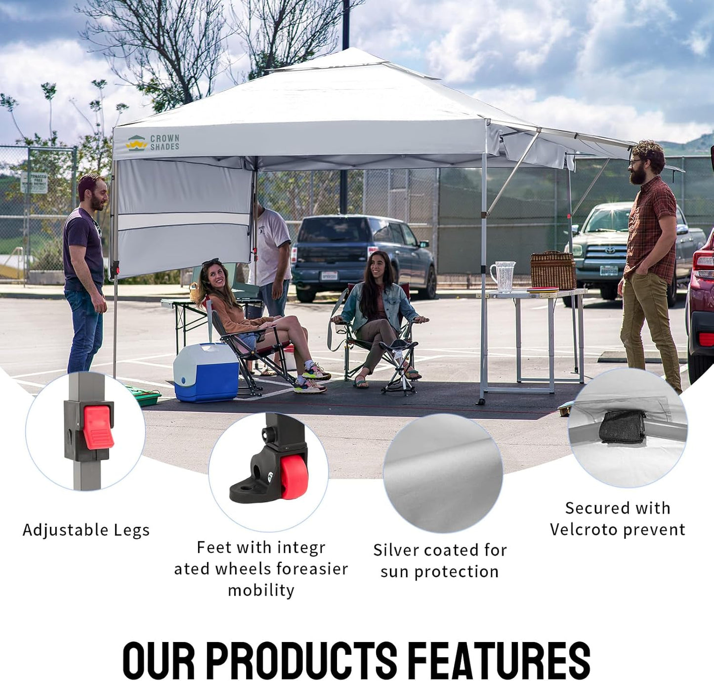 CROWN SHADES 10x10 Pop up Canopy Tent Patended Centerlock Instant Commercial Canopy with 150D Silver Coated Fabric Including 2 Extend Awnings, 4 Ropes, 8 Stakes, 4 Weight Bags, STO 'N Go Bag, White