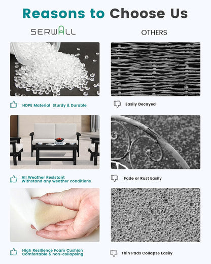 SERWALL HDPE Patio Furniture Set with 15FT Double Side Patio Umbrella, All Weather Wood-Like Outdoor Sofa Sectional Couch, Black Patio Furniture with Khaki Cushions