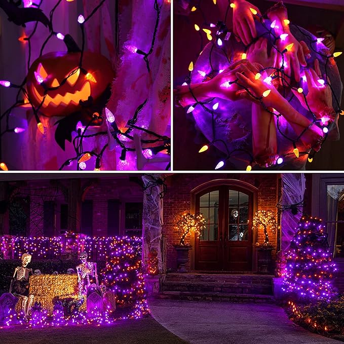 Brizled Purple & Orange Lights, 33ft 100 LED Faceted C5 Orange Halloween String Lights, 120V UL Certified Purple Light Set Connectable Halloween Light for Indoor Outdoor Tree Xmas Party Decoration