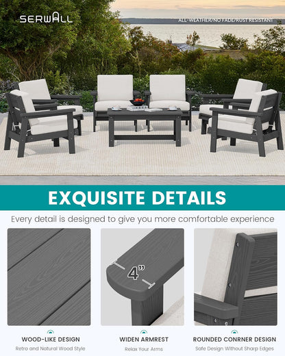 SERWALL HDPE Outdoor Furniture Set, 7 Piece All Weather Wood-Like Outdoor Sofa Sectional Couch, Grey Patio Furniture Set with Khaki Cushions