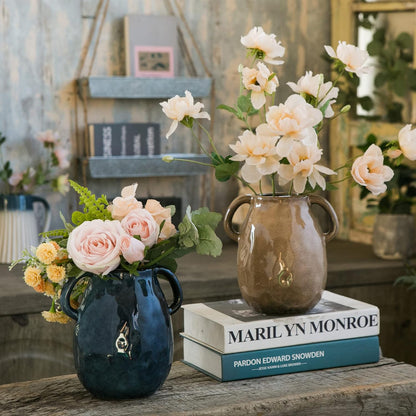 Brown Ceramic Vase with 2 Handles, Modern Farmhouse Decor, Rustic Terracotta Pottery, Decorative Flower Vases, Clay Small Vase, Centerpiece for Dining Table - 7 Inch Tall