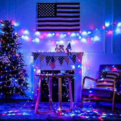 EEW 2 Pack 200 LED Red White and Blue Solar String Lights Outdoor Waterproof, Solar Powered LED Patriotic Lights, Solar Tree Lights for Independence Day Decor 4th of July Memorial Day Decorations