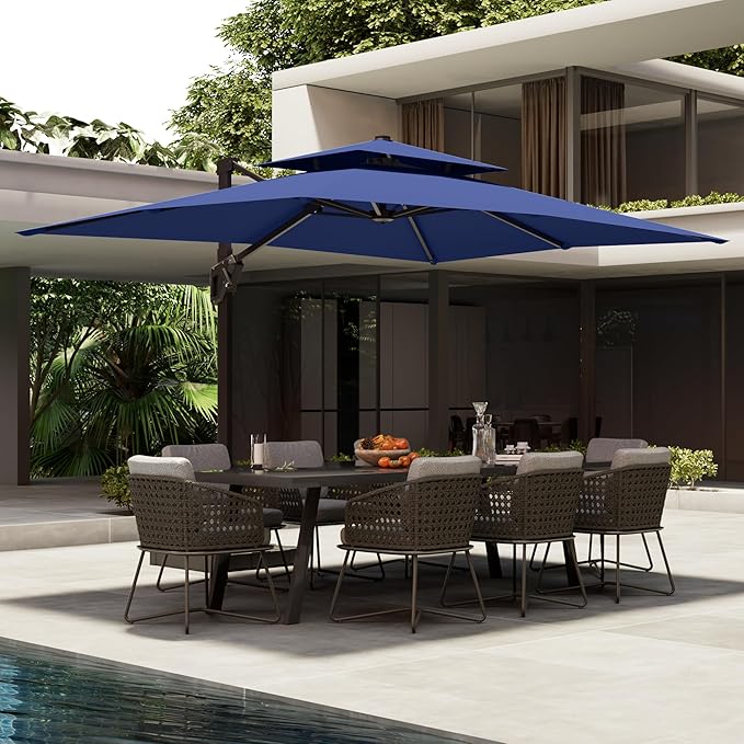10' X 13' Patio Umbrella with Base Included Outdoor Large Rectangle Offset Cantilever Umbrellas Double Top Heavy Duty Windproof with 360-degree Rotation for Pool Garden Deck