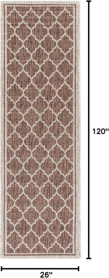 Eyely BMS109B-210 Santa Monica Trebol Moroccan Trellis Textured Weave Indoor/Outdoor Runner Rug Coastal;Bohemian, Bedroom, Backyard, Patio, Easy-Cleaning, Non-Shedding, 2 X 10, Espresso/Taupe