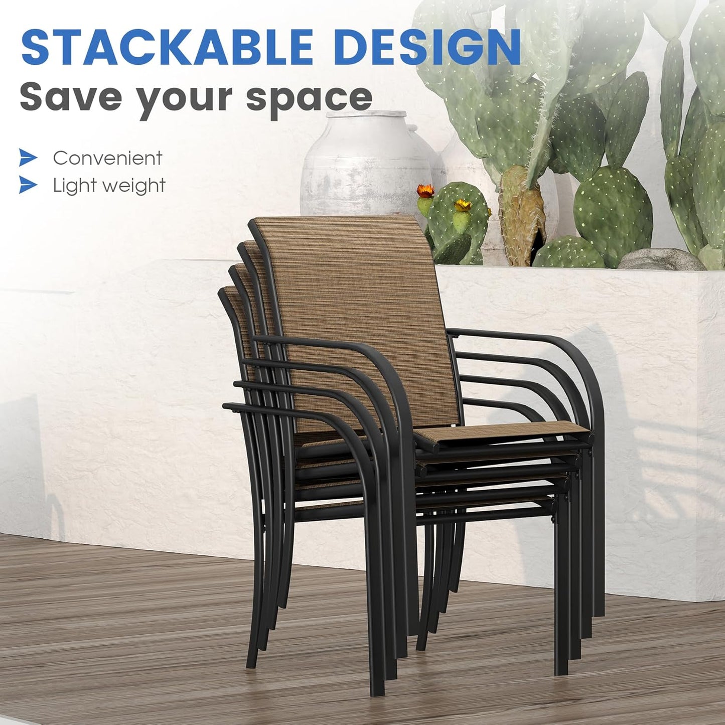 VICLLAX Patio Dining Set for 4, Outdoor Furniture Set Includes 1 Square Patio Table and 4 Stackable Patio Sling Chairs, Patio Table and Chairs for Outsides, Black Table and Brown Chairs