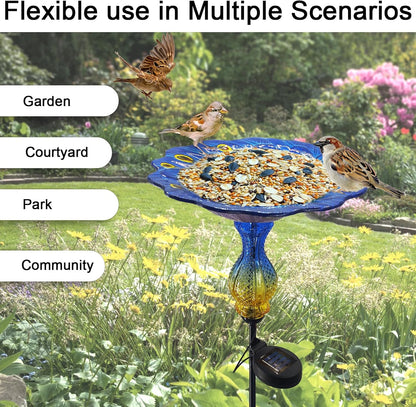 John's Studio Peacock Bird Bath for Outdoor - Glass Bowl Solar Light Bird Baths Cage Outside Dish Bird Feeder with Metal Stake for Garden, Yard and Patio - Blue 32 inches