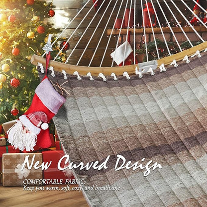 Double Hammock, 11 FT Quilted Fabric 2 Person Hammock for Outside with Pillow, Folding Curved Spreader Bar, Chains, Carrying Bag, Indoor Outdoor, 450 IB Capacity, Aqua Green