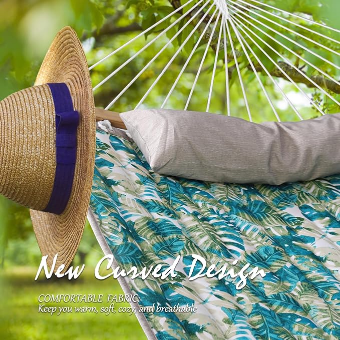Double Hammock, 11 FT Quilted Fabric 2 Person Hammock for Outside with Pillow, Folding Curved Spreader Bar, Chains, Carrying Bag, Indoor Outdoor, 450 IB Capacity, BlueLeaves