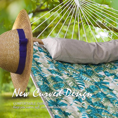 Double Hammock, 11 FT Quilted Fabric 2 Person Hammock for Outside with Pillow, Folding Curved Spreader Bar, Chains, Carrying Bag, Indoor Outdoor, 450 IB Capacity, BlueLeaves