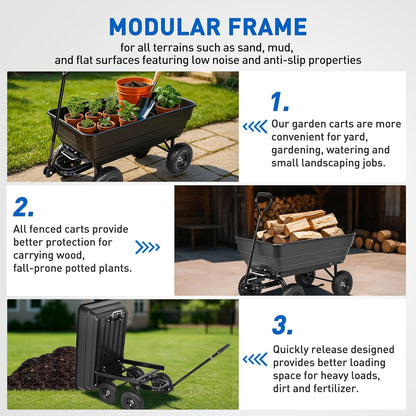 Yesker Garden Carts - 900lbs Dump Wagon with All Terrain Inflatable Wheels for Yard Lawn Farms Gardening - Heavy Duty Utility Outdoor Hauling Wheelbarrow