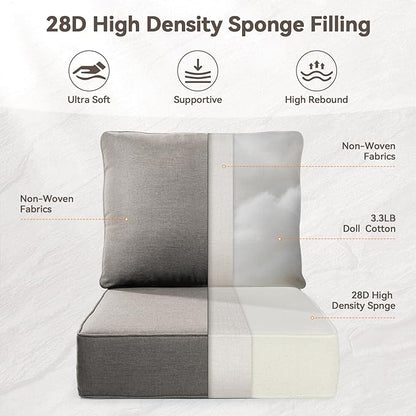 Luxury 6" Outdoor Cushions for Patio Furniture, 24x24x6" Thick Seat Cushion Set of 5, Fade Resistant Couch Chair Replacement Cushions High Density Deep Wicker Chair Cushion w/ Removable Cover Gray