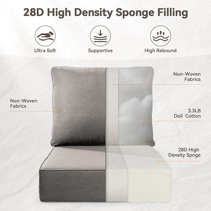 Luxury 6" Outdoor Cushions for Patio Furniture, 24x24x6" Thick Seat Cushion Set of 10, Fade Resistant Couch Chair Replacement Cushions High Density Deep Wicker Chair Cushion w/ Removable Cover Gray