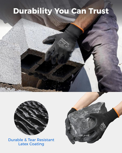 toolant Crinkle Latex Work Gloves Bulk, Rubber Coated Safety Work Gloves for Men and Women, 12 Pairs for Construction, Gardening, Warehouse (Black, Large)