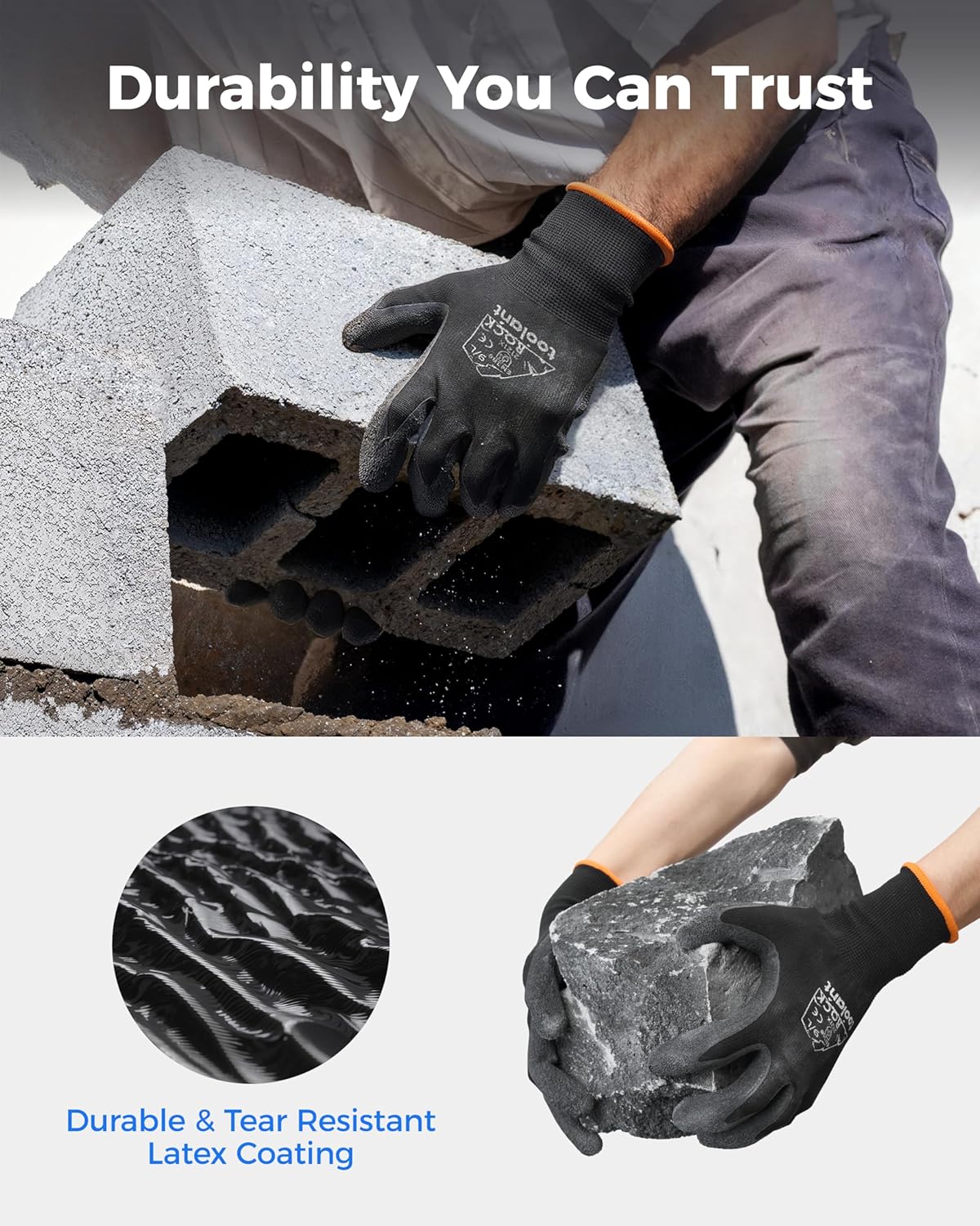 toolant Crinkle Latex Work Gloves Bulk, Rubber Coated Safety Work Gloves for Men and Women, 12 Pairs for Construction, Gardening, Warehouse (Black, Small)