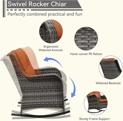 1 PC Outdoor Rocking Chair, Wicker Patio Rocker Chair for Yard, Porch, Mixed Brown Grey Rattan, Orange Cushions