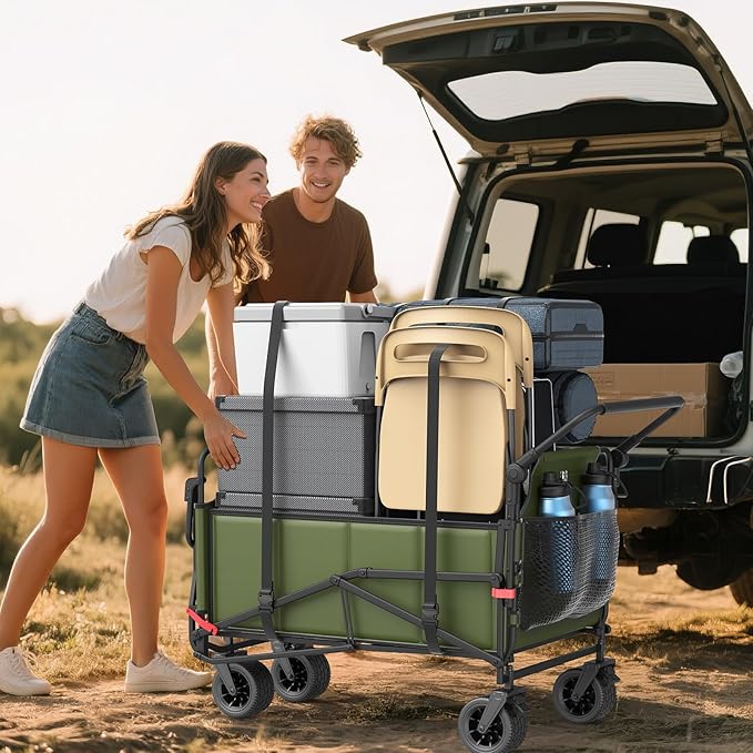 LEVELEVE Heavy Duty Folding Wagon - 2-in-1 Collapsible Cart, 650lb Capacity, All-Terrain Wheels w/Brakes & Side Pockets (Army Green)