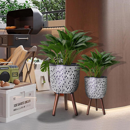 2 Set Plant Pot with Stand 10 & 12 inches, Mid-Century Large Planter with Legs for Indoor Plants, Boho Print Standing Plant Pot with Drainage Plug for Monstera, Herb, Succulent Flower Pot