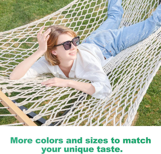 12ft Double Hammocks, Handwoven Traditional Cotton Rope Hammock with Hardwood Spreader Bar, Chains and Hooks for Indoor Outdoor, Max 450 lbs Capacity (Beige, Full)