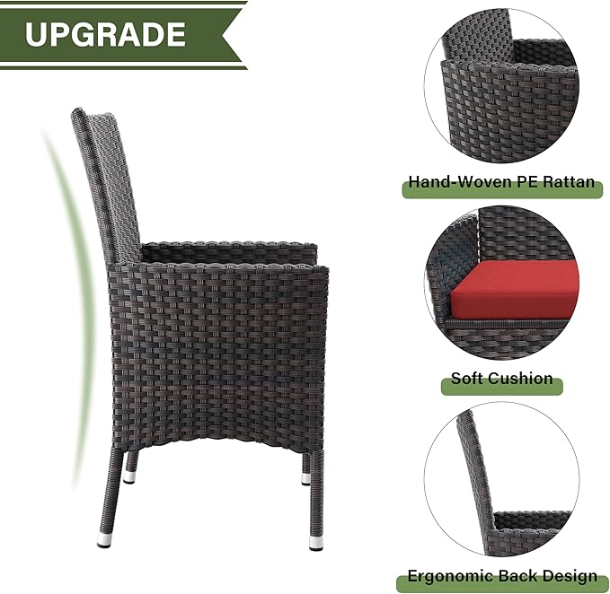 Kurapika 10-Piece Patio Furniture Outdoor Dining Set, Wicker Rattan Patio Dining Table and Chairs Set, Square Tempered Glass Tabletop with Umbrella Hole and 8 Chair Set, Red