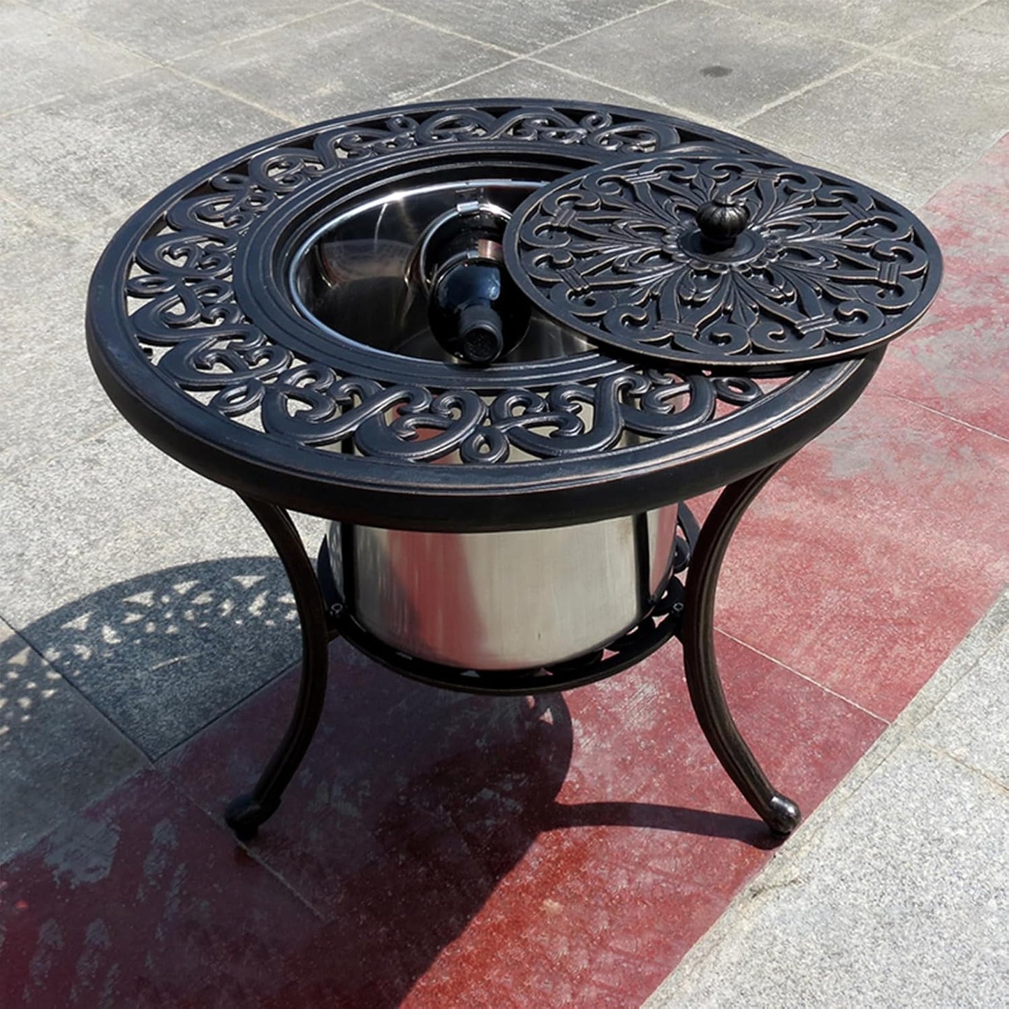 Outdoor Table Round Patio Table Ice Bucket All Weather Aluminum Frame Outdoor Dining Table for Lawn Garden Backyard (60cm Ice Bucket)