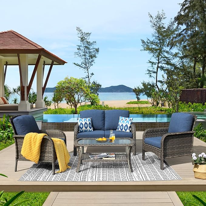 ovios 4 Pieces Patio Furniture Set, Outdoor Wicker Sofa with Coffee Table, Chairs, All Weather High Back Rattan Loveseat Couch with Comfy Cushions, Denim Blue
