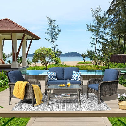 ovios 4 Pieces Patio Furniture Set, Outdoor Wicker Sofa with Coffee Table, Chairs, All Weather High Back Rattan Loveseat Couch with Comfy Cushions, Denim Blue