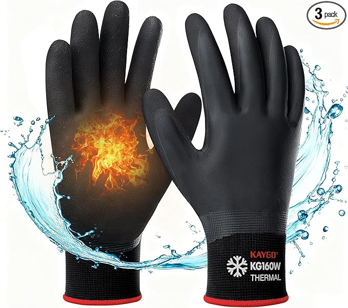 KAYGO Winter Waterproof Work Gloves for Men and Women, 3 Pairs Thermal Insulated Freezer Rubber Coated Gloves,Super Grip,KG160, S, Black,