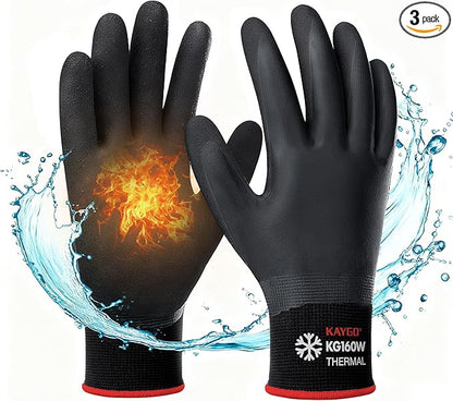 KAYGO Winter Waterproof Work Gloves for Men and Women, 3 Pairs Thermal Insulated Freezer Rubber Coated Gloves,Super Grip,KG160, S, Black,